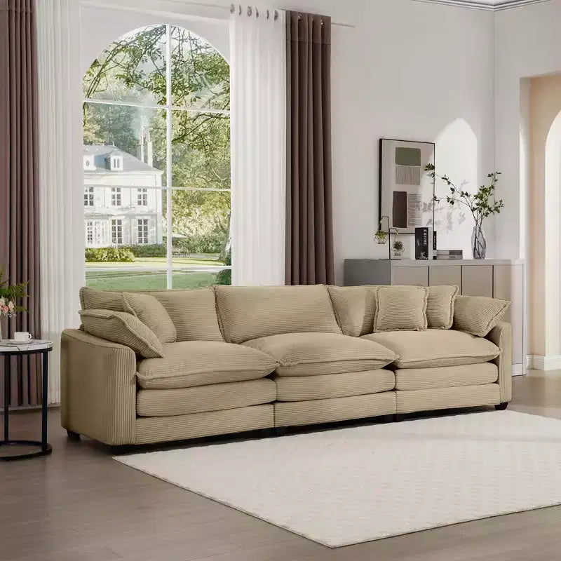 Mid-Century Modern Sofa 3-Seater Sectional Sofa with 2 Arm Pillows and 3 Throw Pillows, Light Beige Corduroy Fabric