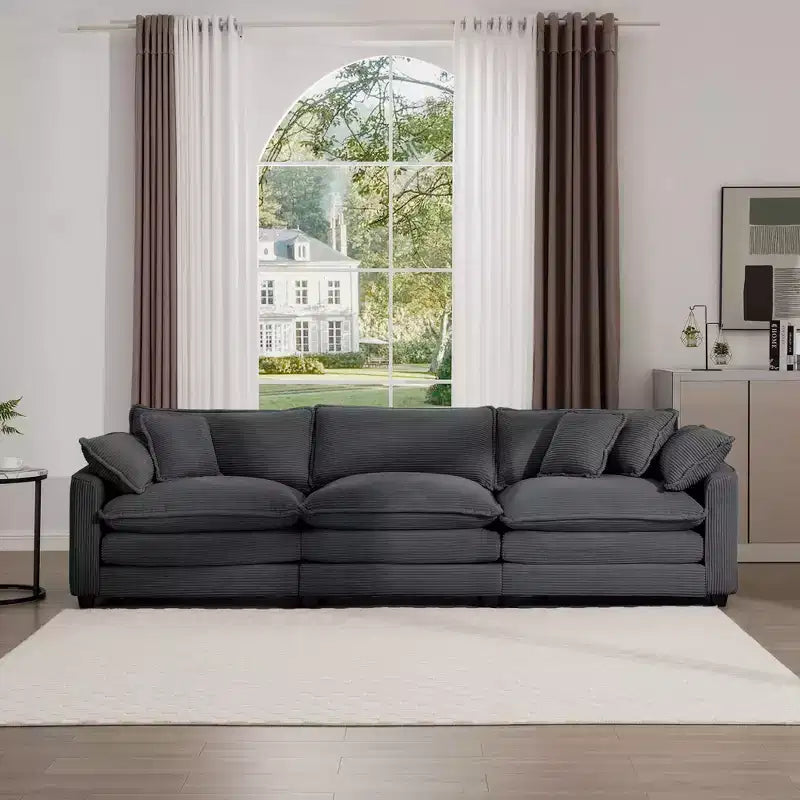 Mid-Century Modern Sofa 3-Seater Sectional Sofa with 2 Arm Pillows and 3 Throw Pillows, Light Beige Corduroy Fabric