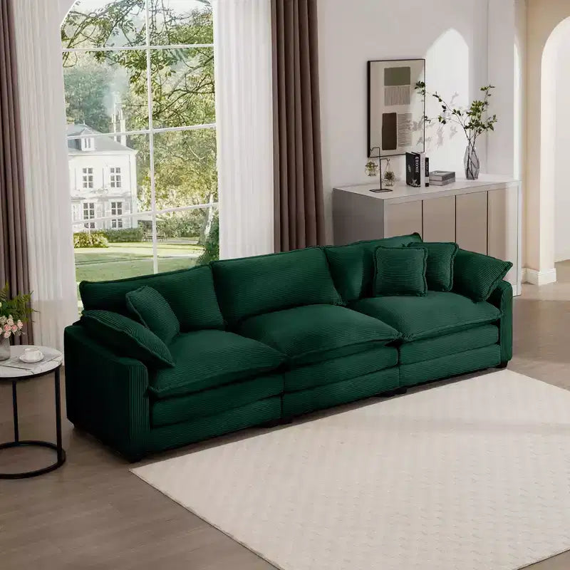 Mid-Century Modern Sofa 3-Seater Sectional Sofa with 2 Arm Pillows and 3 Throw Pillows, Light Beige Corduroy Fabric