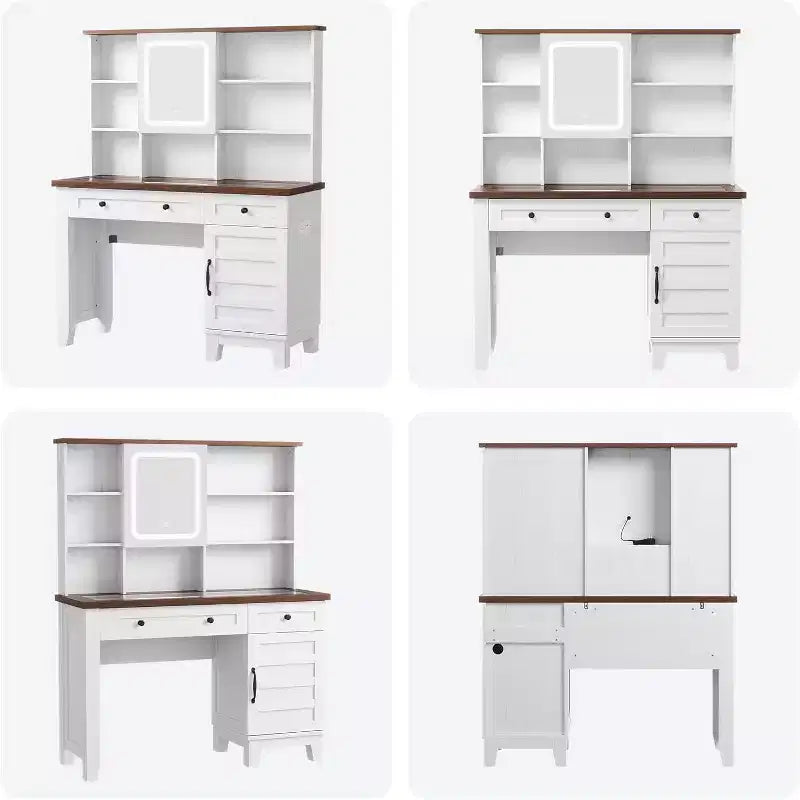 Vanity Desk with HD Mirror, LED Lights and Charging Station, Farmhouse Makeup Table with 2 Drawers & Cushioned Stool Dressing Table Shelves for Home