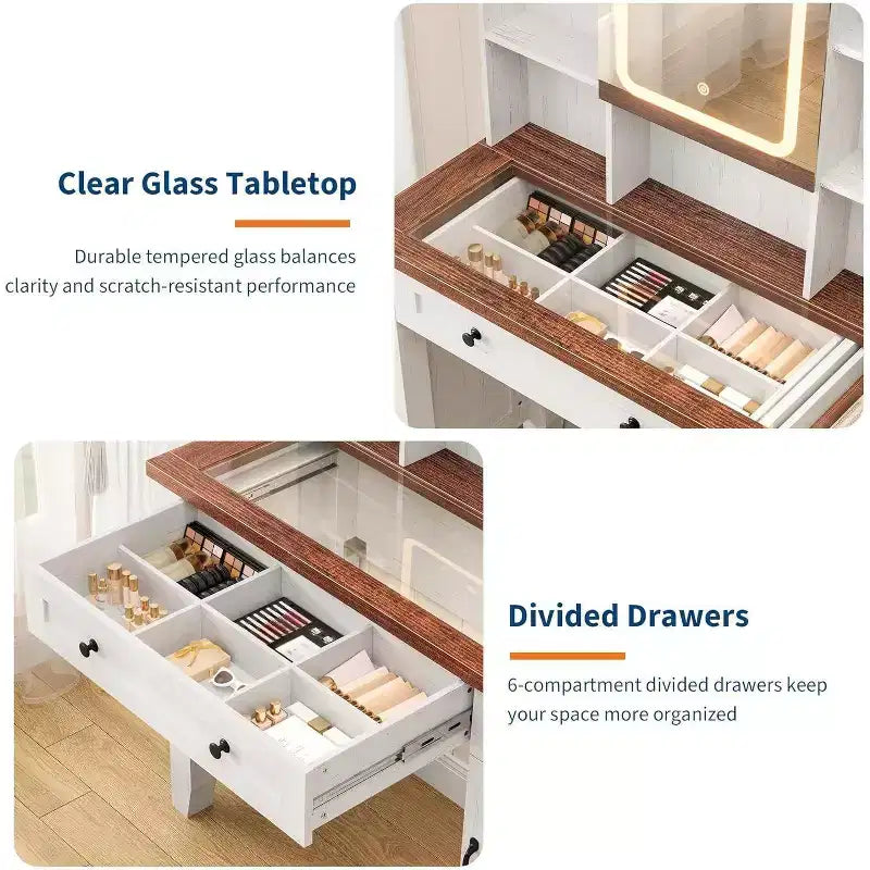 Vanity Desk with HD Mirror, LED Lights and Charging Station, Farmhouse Makeup Table with 2 Drawers & Cushioned Stool Dressing Table Shelves for Home