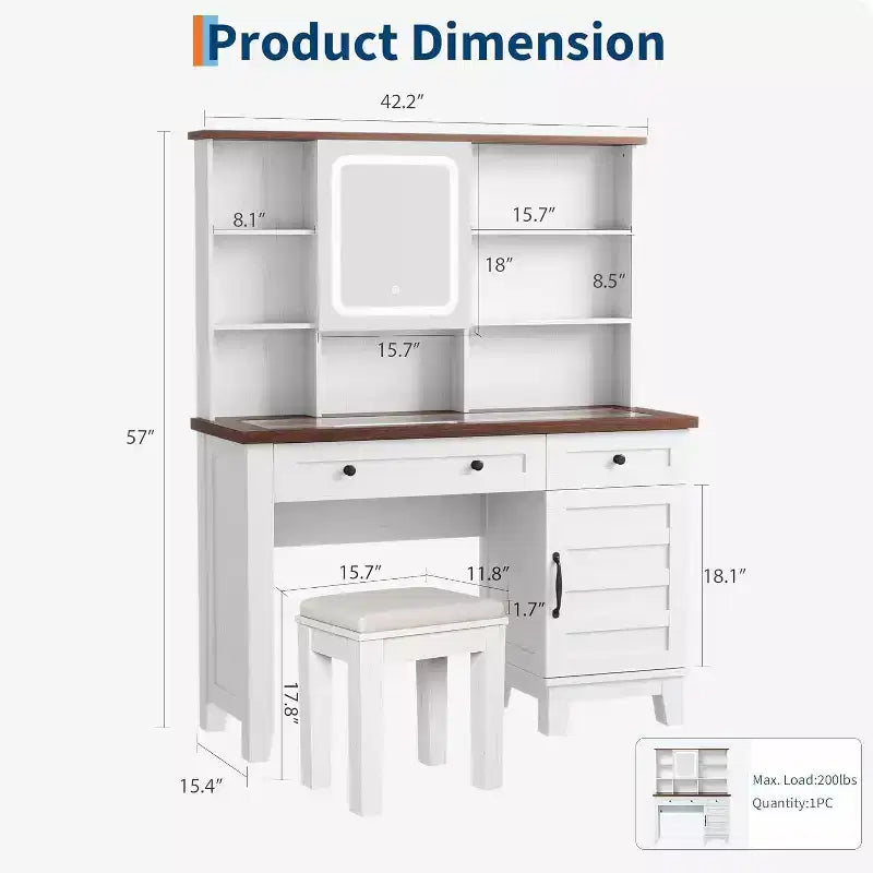 Vanity Desk with HD Mirror, LED Lights and Charging Station, Farmhouse Makeup Table with 2 Drawers & Cushioned Stool Dressing Table Shelves for Home