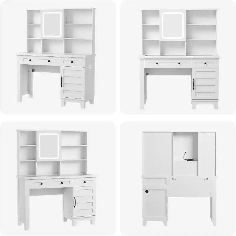 Vanity Desk with HD Mirror, LED Lights and Charging Station, Farmhouse Makeup Table with 2 Drawers & Cushioned Stool Dressing Table Shelves for Home