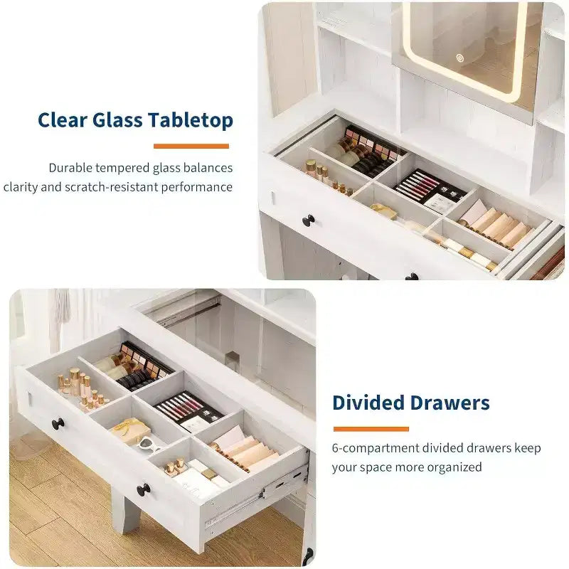 Vanity Desk with HD Mirror, LED Lights and Charging Station, Farmhouse Makeup Table with 2 Drawers & Cushioned Stool Dressing Table Shelves for Home