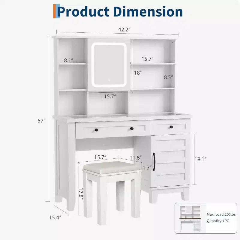 Vanity Desk with HD Mirror, LED Lights and Charging Station, Farmhouse Makeup Table with 2 Drawers & Cushioned Stool Dressing Table Shelves for Home