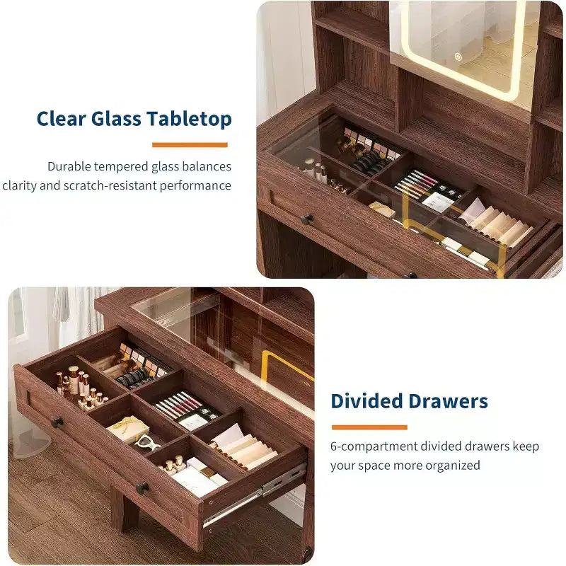 Vanity Desk with HD Mirror, LED Lights and Charging Station, Farmhouse Makeup Table with 2 Drawers & Cushioned Stool Dressing Table Shelves for Home