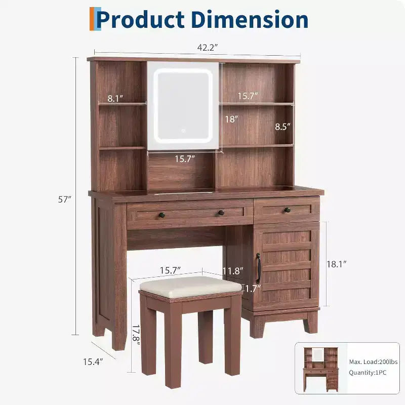 Vanity Desk with HD Mirror, LED Lights and Charging Station, Farmhouse Makeup Table with 2 Drawers & Cushioned Stool Dressing Table Shelves for Home