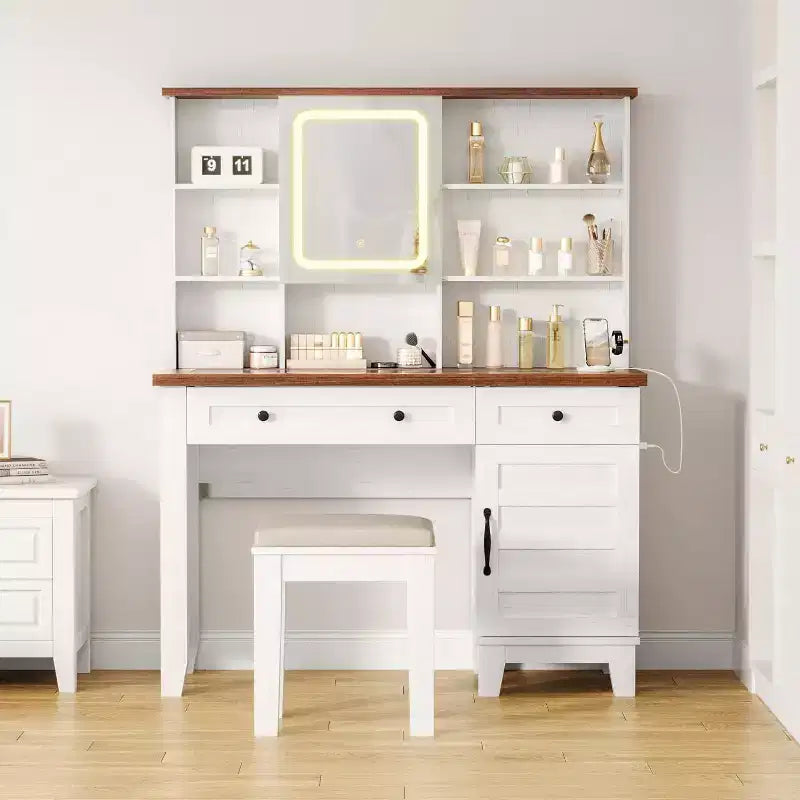 Vanity Desk with HD Mirror, LED Lights and Charging Station, Farmhouse Makeup Table with 2 Drawers & Cushioned Stool Dressing Table Shelves for Home