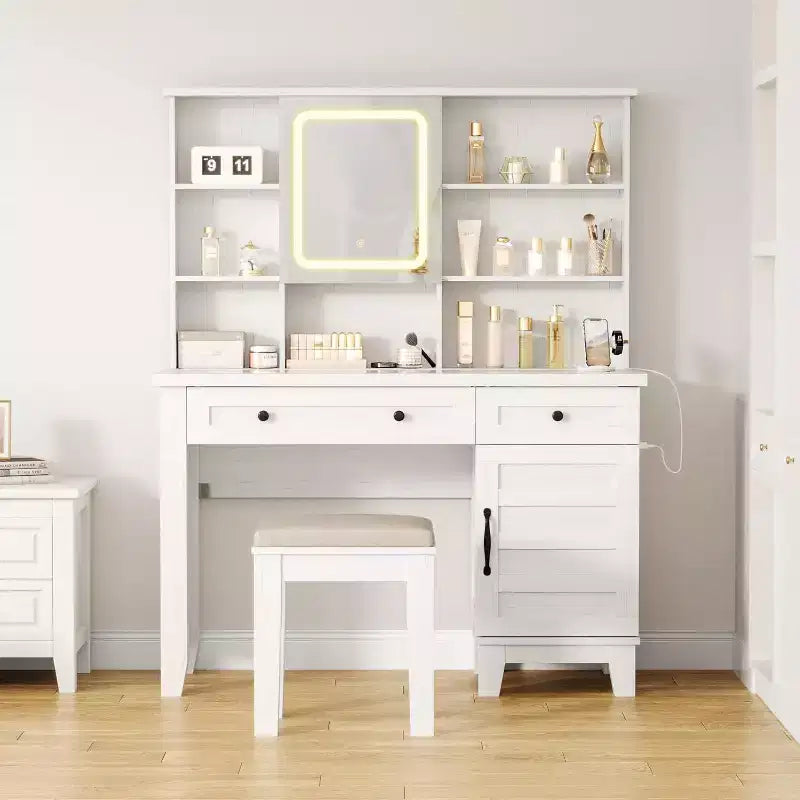 Vanity Desk with HD Mirror, LED Lights and Charging Station, Farmhouse Makeup Table with 2 Drawers & Cushioned Stool Dressing Table Shelves for Home