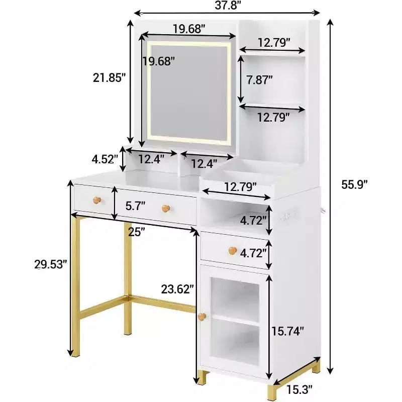 Vanity Desk with Lighted Mirror, Large Makeup Dressing Table Whit Power Outlet 2 Drawers 1 Cabinet and Open Storage Shelves for Bedroom Women Girls