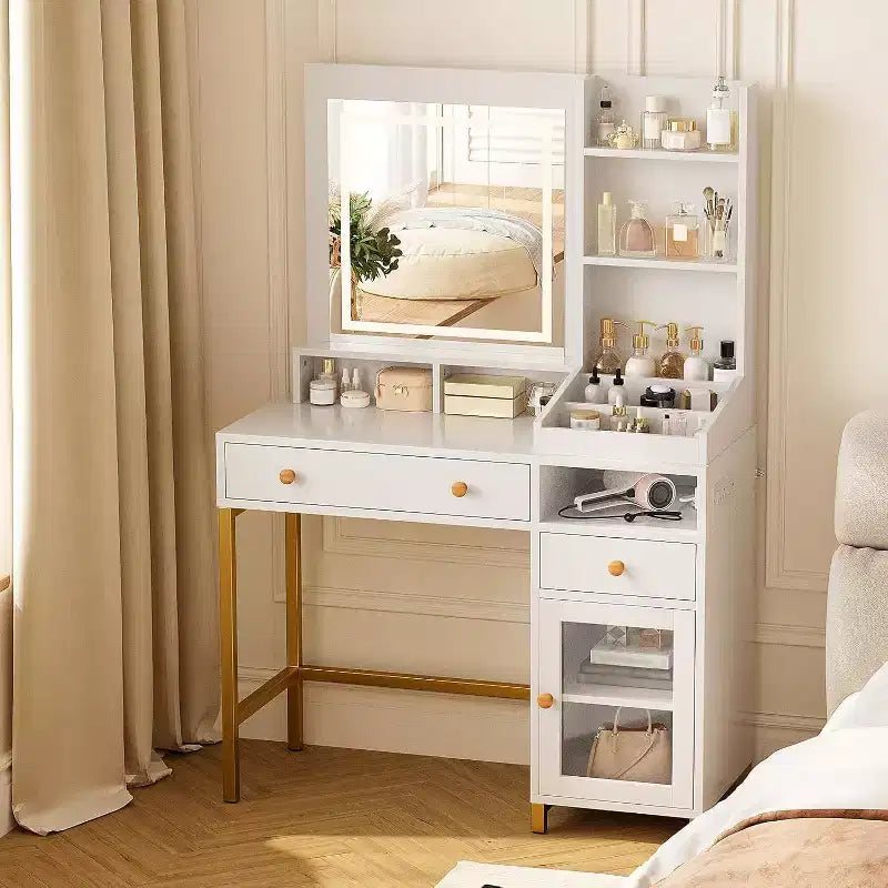 Vanity Desk with Lighted Mirror, Large Makeup Dressing Table Whit Power Outlet 2 Drawers 1 Cabinet and Open Storage Shelves for Bedroom Women Girls