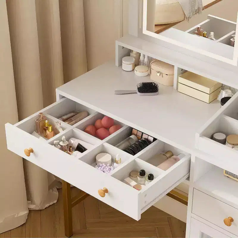 Vanity Desk with Lighted Mirror, Large Makeup Dressing Table Whit Power Outlet 2 Drawers 1 Cabinet and Open Storage Shelves for Bedroom Women Girls