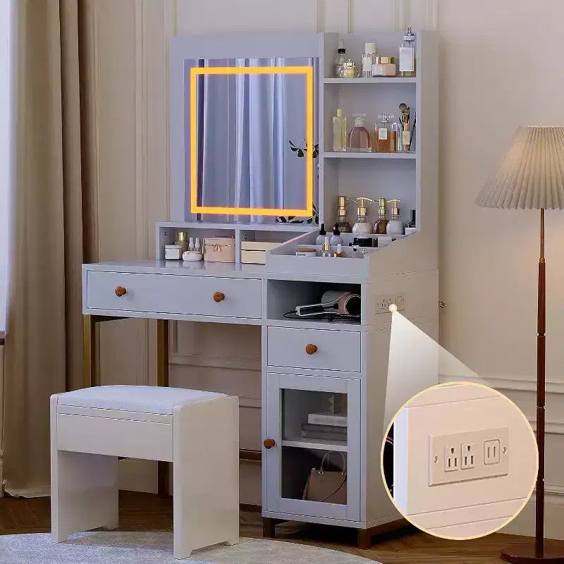 Vanity Desk with Lighted Mirror, Large Makeup Dressing Table Whit Power Outlet 2 Drawers 1 Cabinet and Open Storage Shelves for Bedroom Women Girls