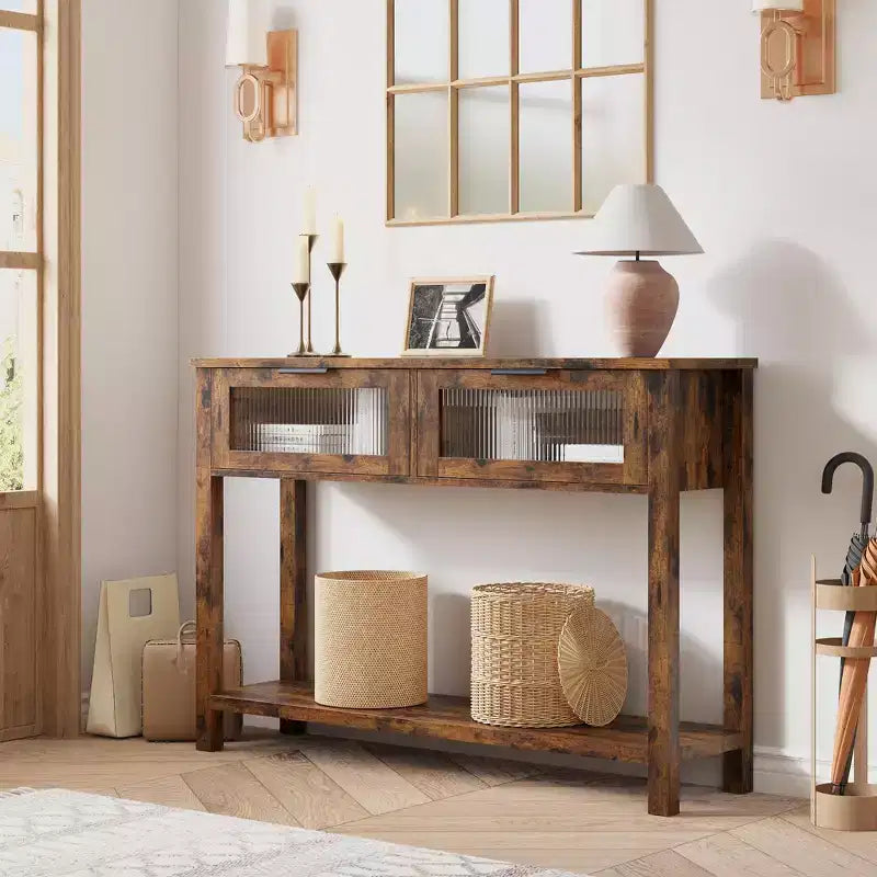 Entryway Table, Wood Console Table with 2 Glass Drawers, 2 Tier Sofa Table with Storage for Living Room, Foyer Tables for Entryway