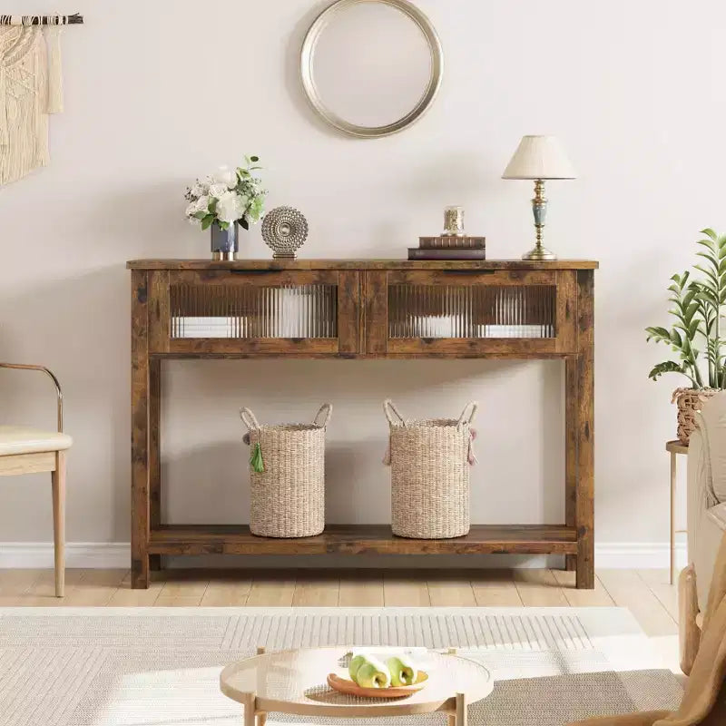 Entryway Table, Wood Console Table with 2 Glass Drawers, 2 Tier Sofa Table with Storage for Living Room, Foyer Tables for Entryway