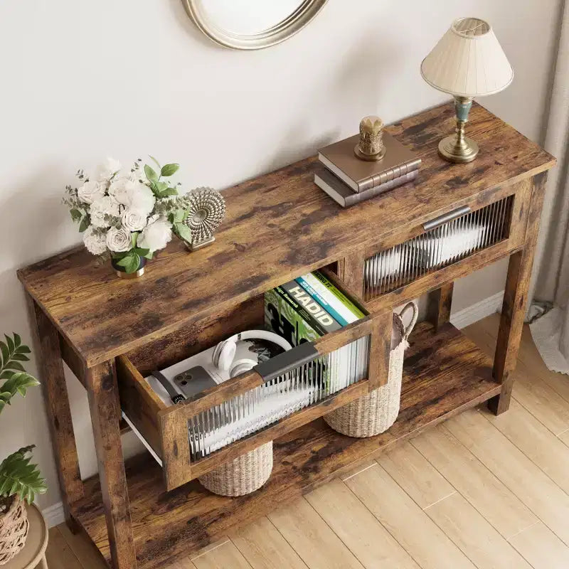 Entryway Table, Wood Console Table with 2 Glass Drawers, 2 Tier Sofa Table with Storage for Living Room, Foyer Tables for Entryway