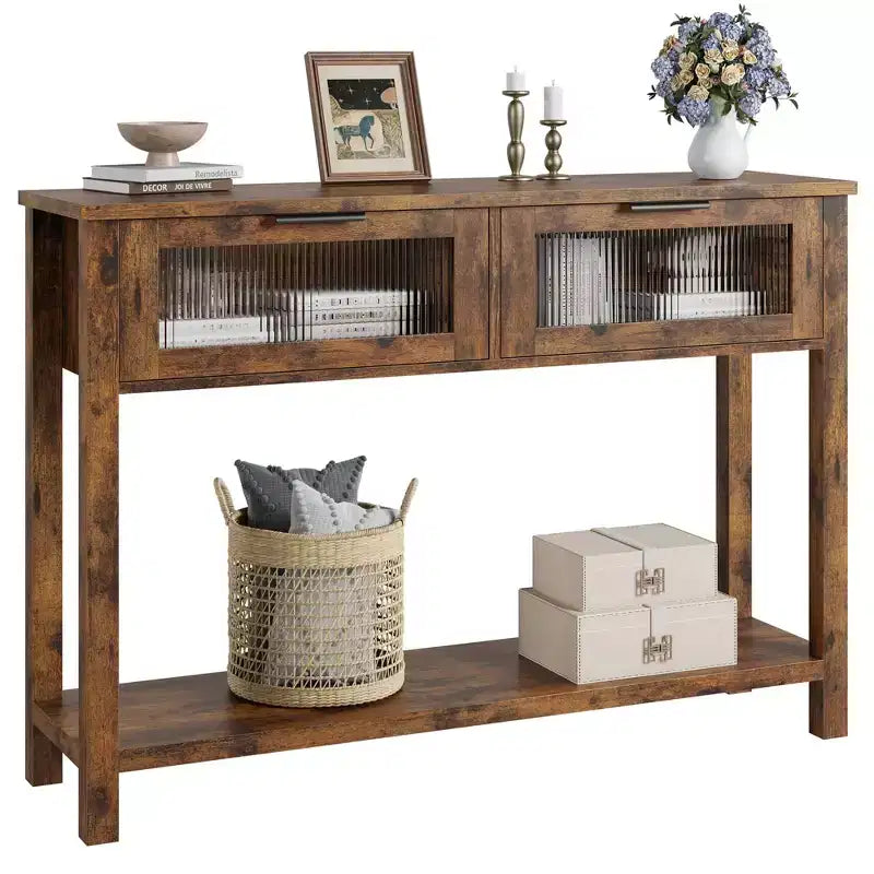 Entryway Table, Wood Console Table with 2 Glass Drawers, 2 Tier Sofa Table with Storage for Living Room, Foyer Tables for Entryway