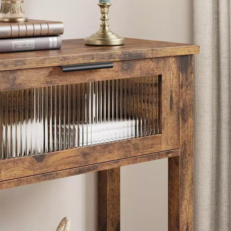 Entryway Table, Wood Console Table with 2 Glass Drawers, 2 Tier Sofa Table with Storage for Living Room, Foyer Tables for Entryway