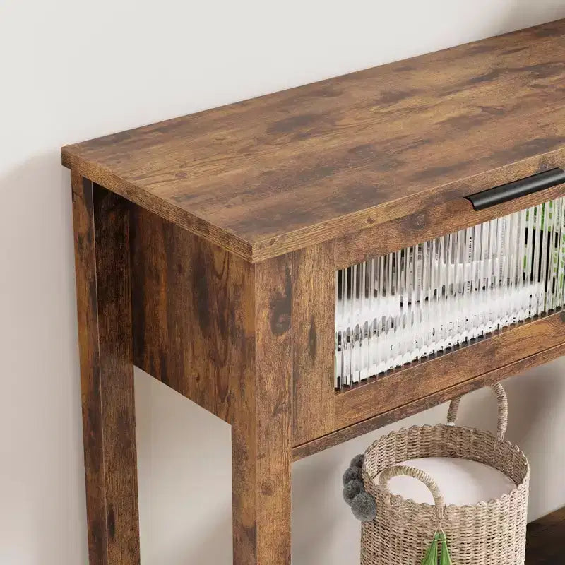 Entryway Table, Wood Console Table with 2 Glass Drawers, 2 Tier Sofa Table with Storage for Living Room, Foyer Tables for Entryway