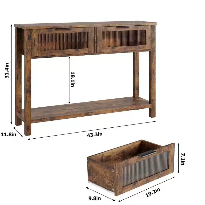 Entryway Table, Wood Console Table with 2 Glass Drawers, 2 Tier Sofa Table with Storage for Living Room, Foyer Tables for Entryway