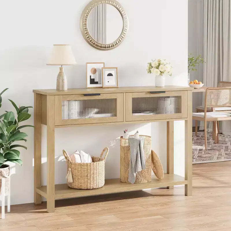 Entryway Table, Wood Console Table with 2 Glass Drawers, 2 Tier Sofa Table with Storage for Living Room, Foyer Tables for Entryway