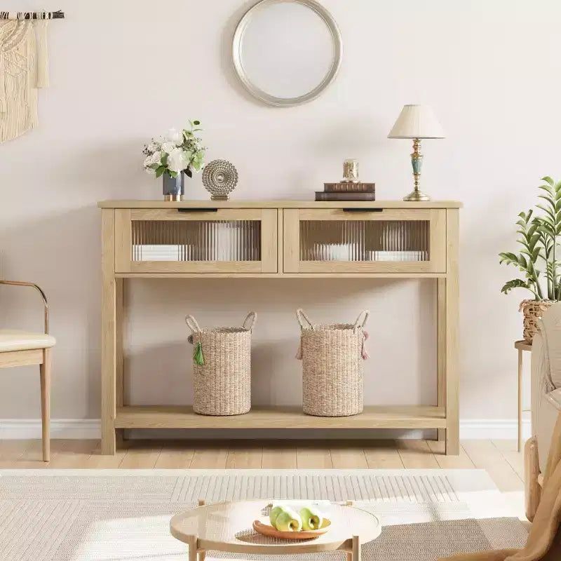 Entryway Table, Wood Console Table with 2 Glass Drawers, 2 Tier Sofa Table with Storage for Living Room, Foyer Tables for Entryway