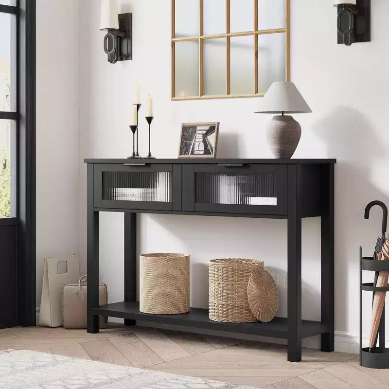 Entryway Table, Wood Console Table with 2 Glass Drawers, 2 Tier Sofa Table with Storage for Living Room, Foyer Tables for Entryway