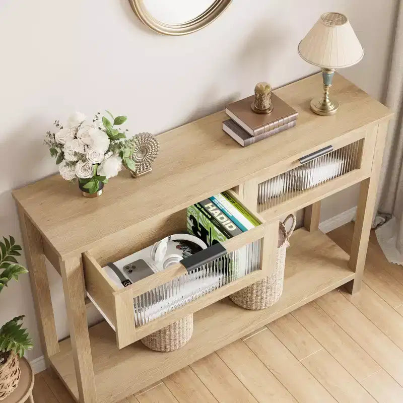 Entryway Table, Wood Console Table with 2 Glass Drawers, 2 Tier Sofa Table with Storage for Living Room, Foyer Tables for Entryway