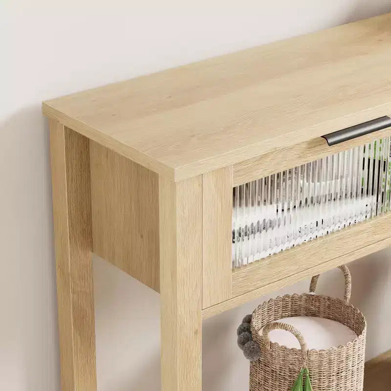 Entryway Table, Wood Console Table with 2 Glass Drawers, 2 Tier Sofa Table with Storage for Living Room, Foyer Tables for Entryway