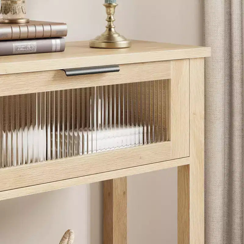 Entryway Table, Wood Console Table with 2 Glass Drawers, 2 Tier Sofa Table with Storage for Living Room, Foyer Tables for Entryway