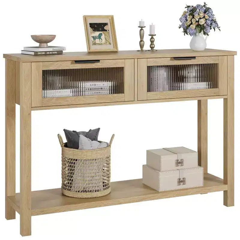 Entryway Table, Wood Console Table with 2 Glass Drawers, 2 Tier Sofa Table with Storage for Living Room, Foyer Tables for Entryway