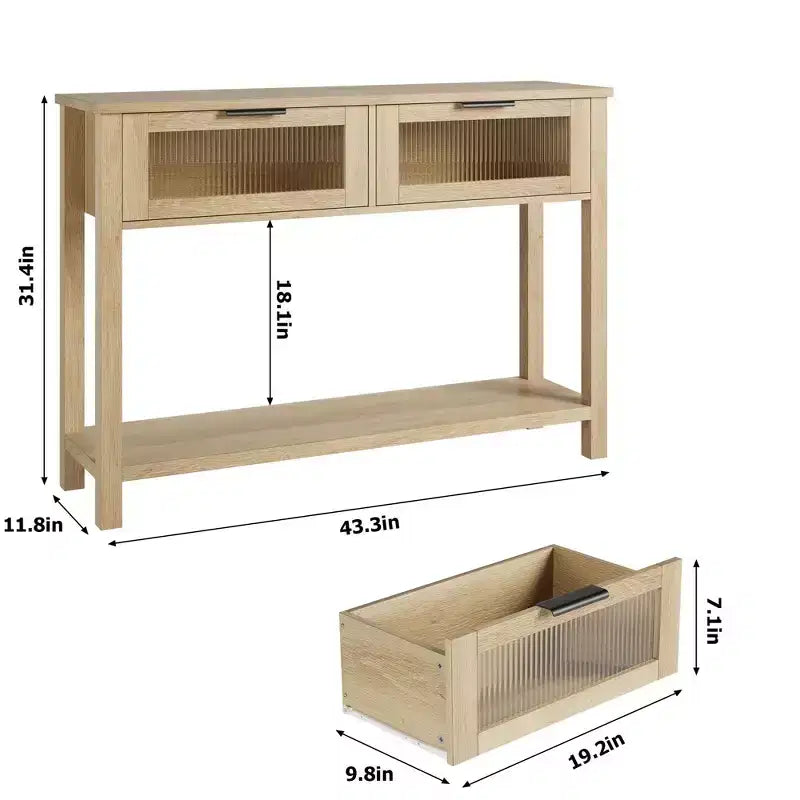 Entryway Table, Wood Console Table with 2 Glass Drawers, 2 Tier Sofa Table with Storage for Living Room, Foyer Tables for Entryway