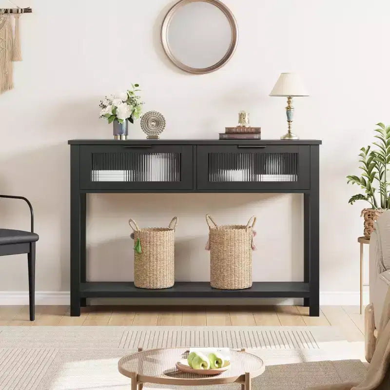 Entryway Table, Wood Console Table with 2 Glass Drawers, 2 Tier Sofa Table with Storage for Living Room, Foyer Tables for Entryway