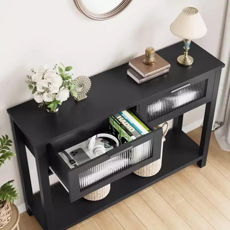 Entryway Table, Wood Console Table with 2 Glass Drawers, 2 Tier Sofa Table with Storage for Living Room, Foyer Tables for Entryway
