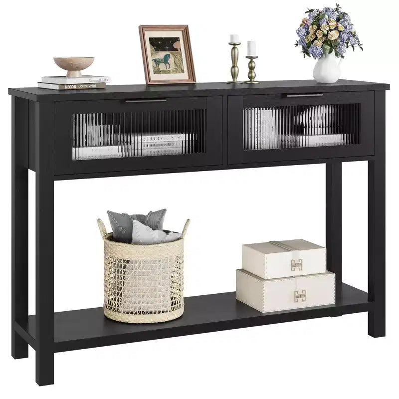 Entryway Table, Wood Console Table with 2 Glass Drawers, 2 Tier Sofa Table with Storage for Living Room, Foyer Tables for Entryway