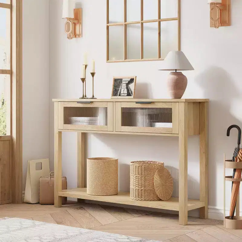 Entryway Table, Wood Console Table with 2 Glass Drawers, 2 Tier Sofa Table with Storage for Living Room, Foyer Tables for Entryway