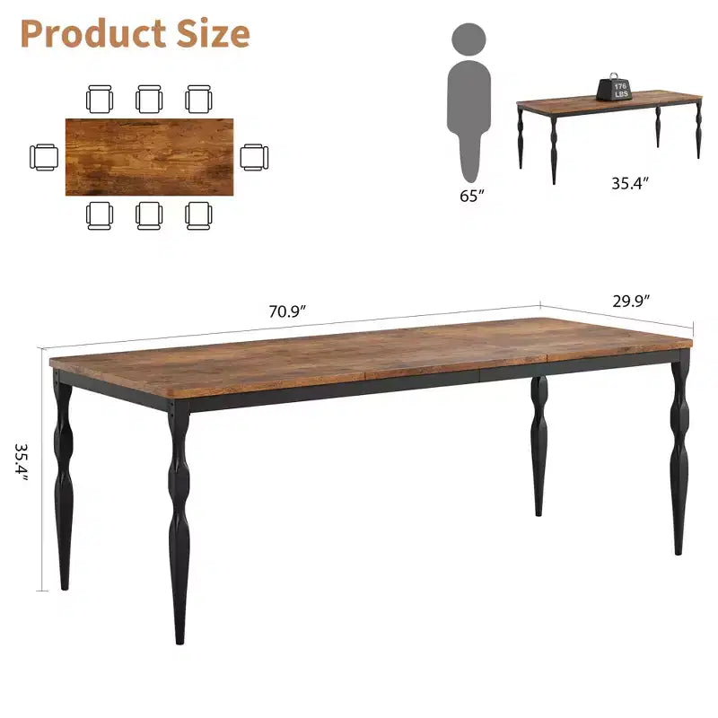 78 Table de salle à manger rustique de ferme pour 6 personnes - Longue table en bois avec pieds en métal pour cuisine, salle à manger, réunions de famille et fêtes