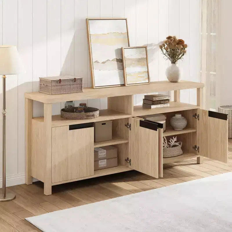 63'' TV Stand for TVs up to 70'', Farmhouse Entertainment Center with 4 Door and Open Shelves, Wooden Media Console for Living Room, Bedroom