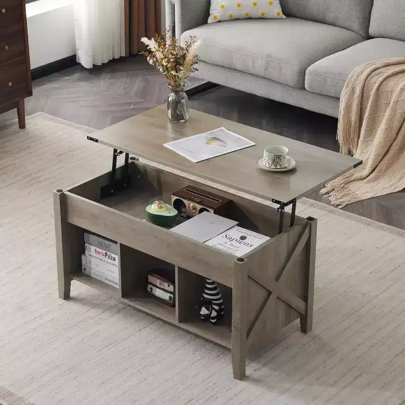 VINGLI Rustic Grey Lift Top Coffee Table, 36 Small Farmhouse Barn Door Coffee Tables with Storage for Living Room