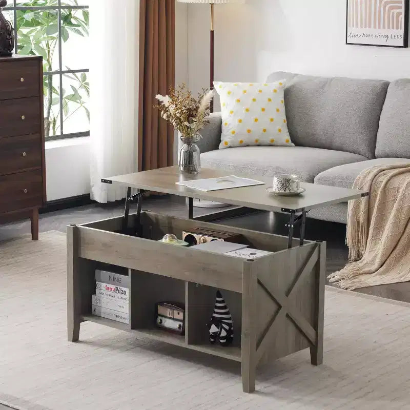 VINGLI Rustic Grey Lift Top Coffee Table, 36 Small Farmhouse Barn Door Coffee Tables with Storage for Living Room