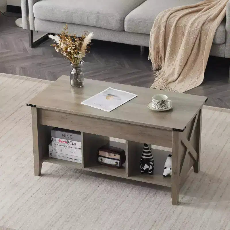 VINGLI Rustic Grey Lift Top Coffee Table, 36 Small Farmhouse Barn Door Coffee Tables with Storage for Living Room
