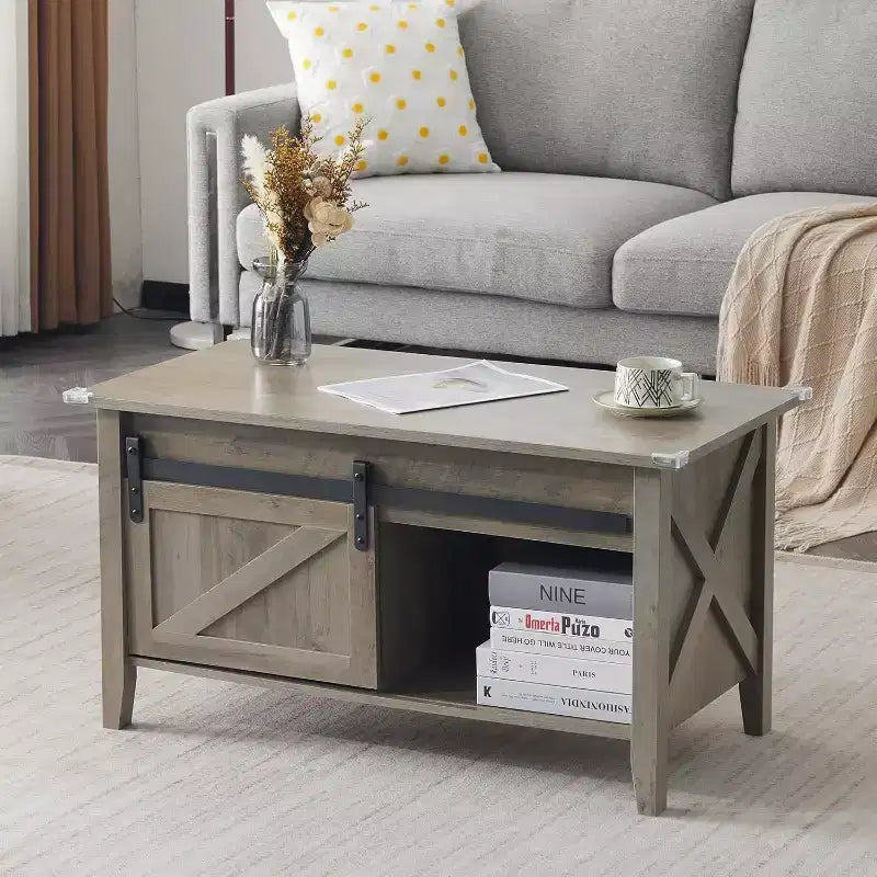 VINGLI Rustic Grey Lift Top Coffee Table, 36 Small Farmhouse Barn Door Coffee Tables with Storage for Living Room