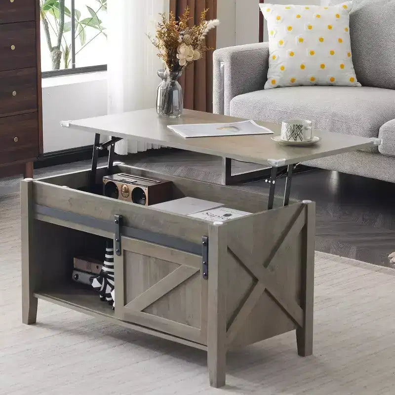 VINGLI Rustic Grey Lift Top Coffee Table, 36 Small Farmhouse Barn Door Coffee Tables with Storage for Living Room