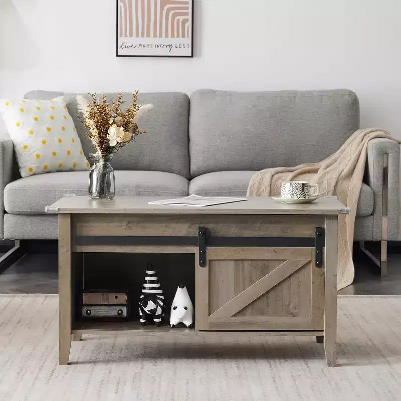 VINGLI Rustic Grey Lift Top Coffee Table, 36 Small Farmhouse Barn Door Coffee Tables with Storage for Living Room