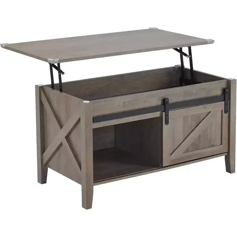 VINGLI Rustic Grey Lift Top Coffee Table, 36 Small Farmhouse Barn Door Coffee Tables with Storage for Living Room