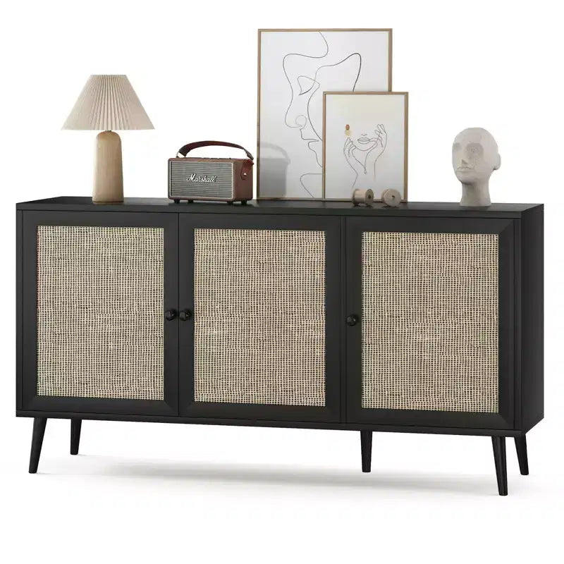 PexFix Side Panel Cabinet With 3 Rattan Doors Kitchen Storage Cabinet Modern Adjustable Legs