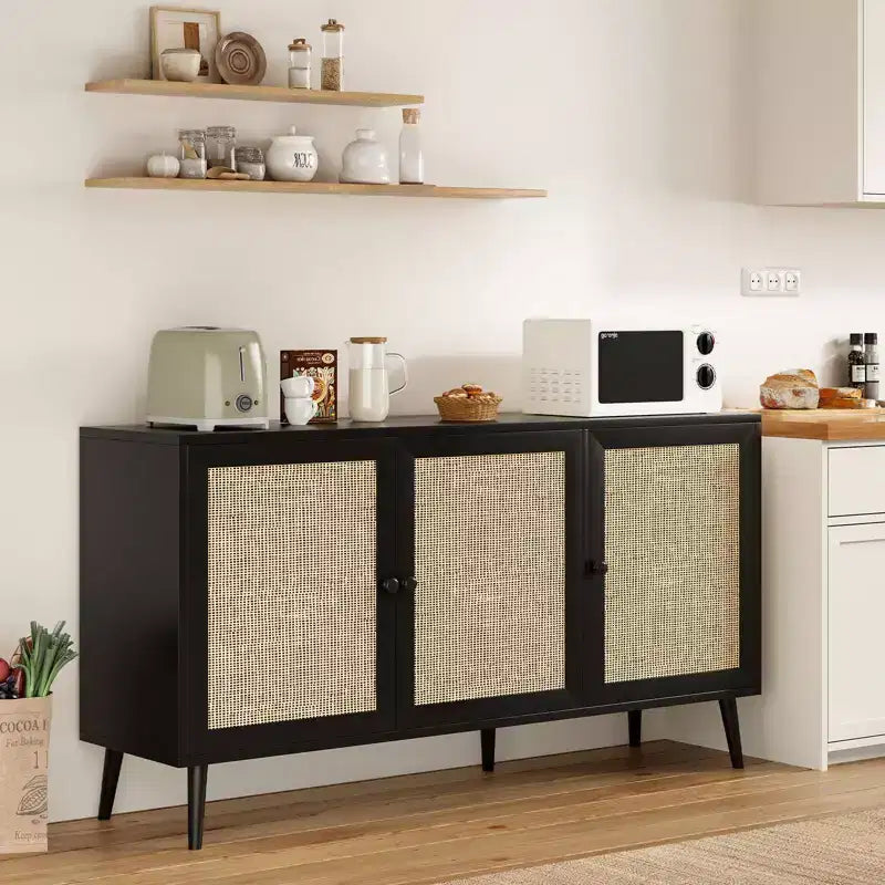 PexFix Side Panel Cabinet With 3 Rattan Doors Kitchen Storage Cabinet Modern Adjustable Legs