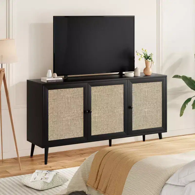 PexFix Side Panel Cabinet With 3 Rattan Doors Kitchen Storage Cabinet Modern Adjustable Legs