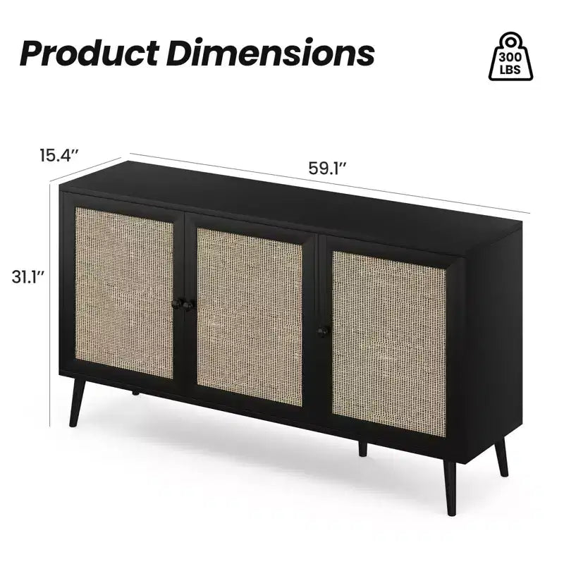 PexFix Side Panel Cabinet With 3 Rattan Doors Kitchen Storage Cabinet Modern Adjustable Legs