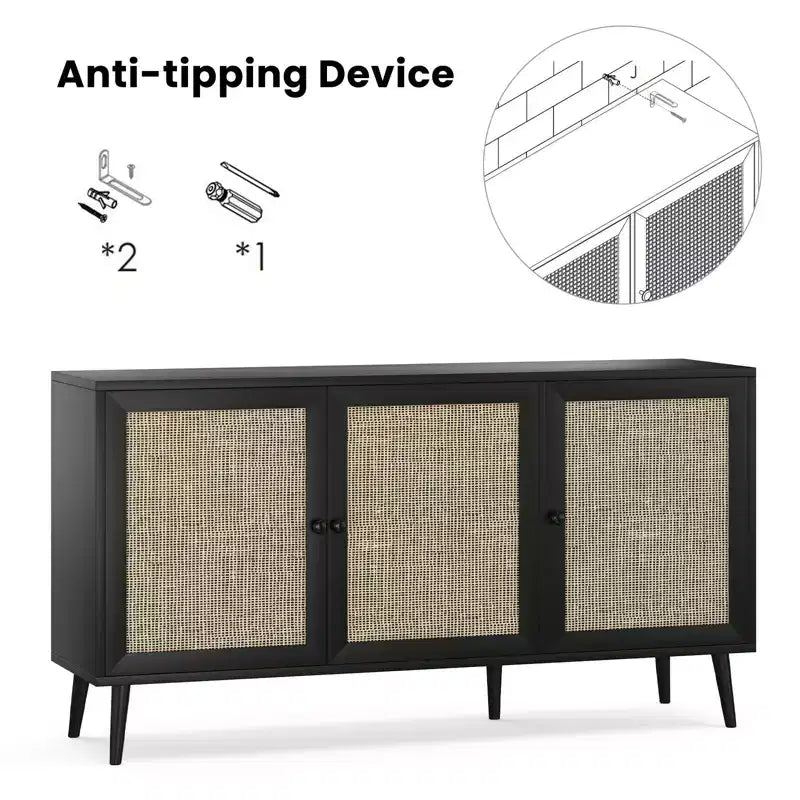 PexFix Side Panel Cabinet With 3 Rattan Doors Kitchen Storage Cabinet Modern Adjustable Legs